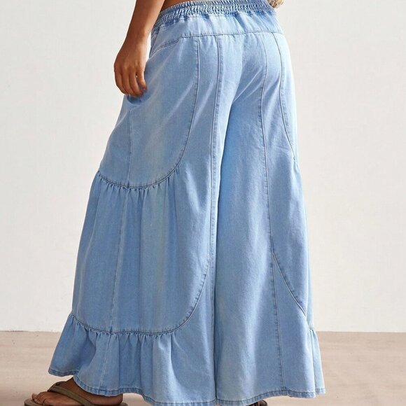 Boho Blue Casual Women's Vacation Patchwork Design Loose Wide-Leg Denim Jeans - Picture 2 of 7